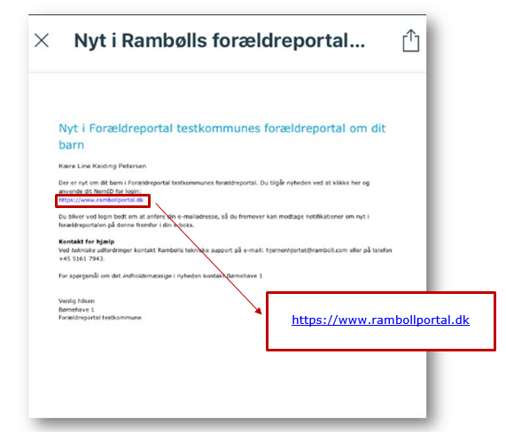 Billedet viser brevet med et link, som du får før du kan logge ind i Forældreportalen